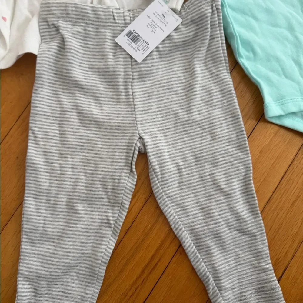 Carter's White Hooded Cardigan, Teal Bodysuit & Gray Stripe Pants Set size 9m